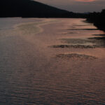 Color photograph of currents in the Little Maumelle River, as they flow into the Arkansas River at sunset.