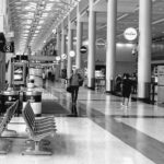 Black and white photograph showing terminal 3 at Minneapolis airport in minnesota