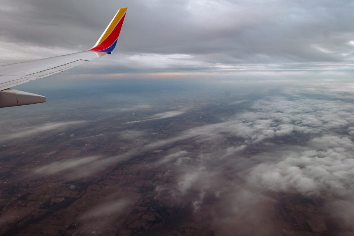 Color photograph of Texas horizon on cloudy day while flying on a Southwest airplane