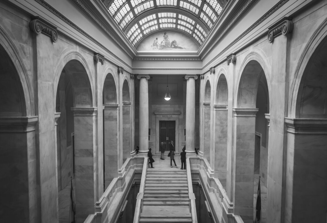 black and white photograph of entrance to house chamber in the Arkansas State Capitol building in Little Rock, Arkansas